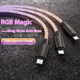 120W Super Fast Charge RGB Magic Color 1 to 3 Data Line from USB to Tupe C/Micro interface/ Lihting interface